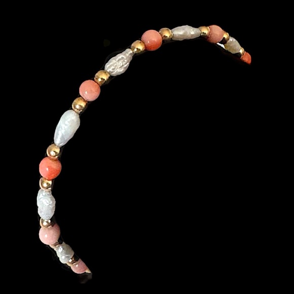 14K Yellow Gold Angel Skin Coral Bead & Freshwater Pearl Estate Bracelet - Picture 1 of 10